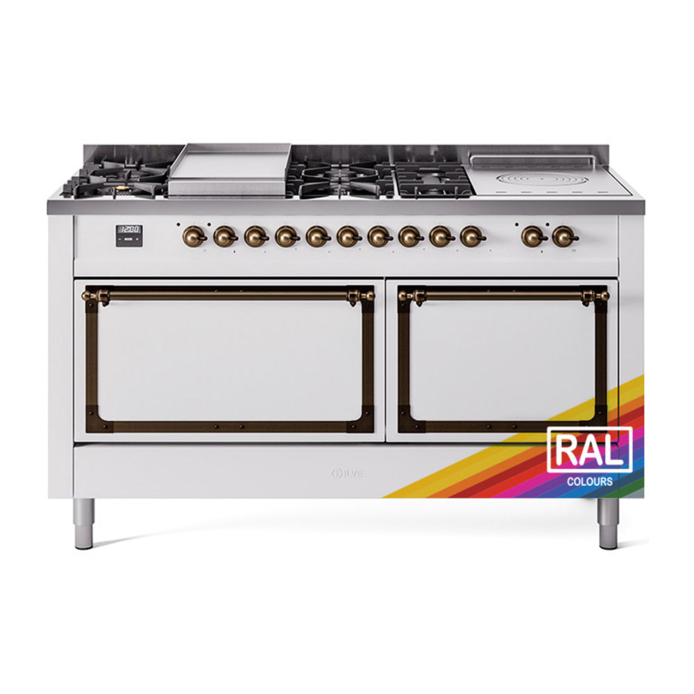 ILVE gas dual-fuel range with bronze knobs, two oven doors, and multiple burners