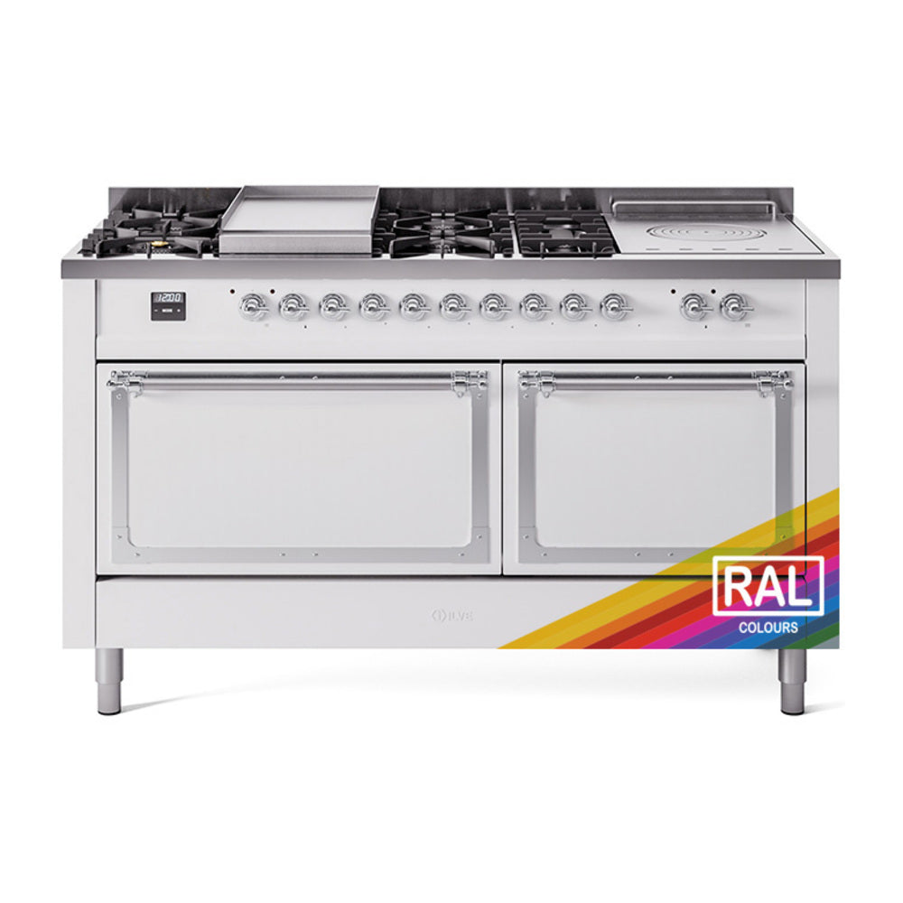 ILVE dual fuel range with 7-burner cooktop and French top, chrome-trim oven doors