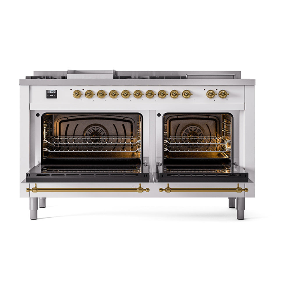 Dual-fuel gas range showing two open ovens with racks and brass trim, white exterior