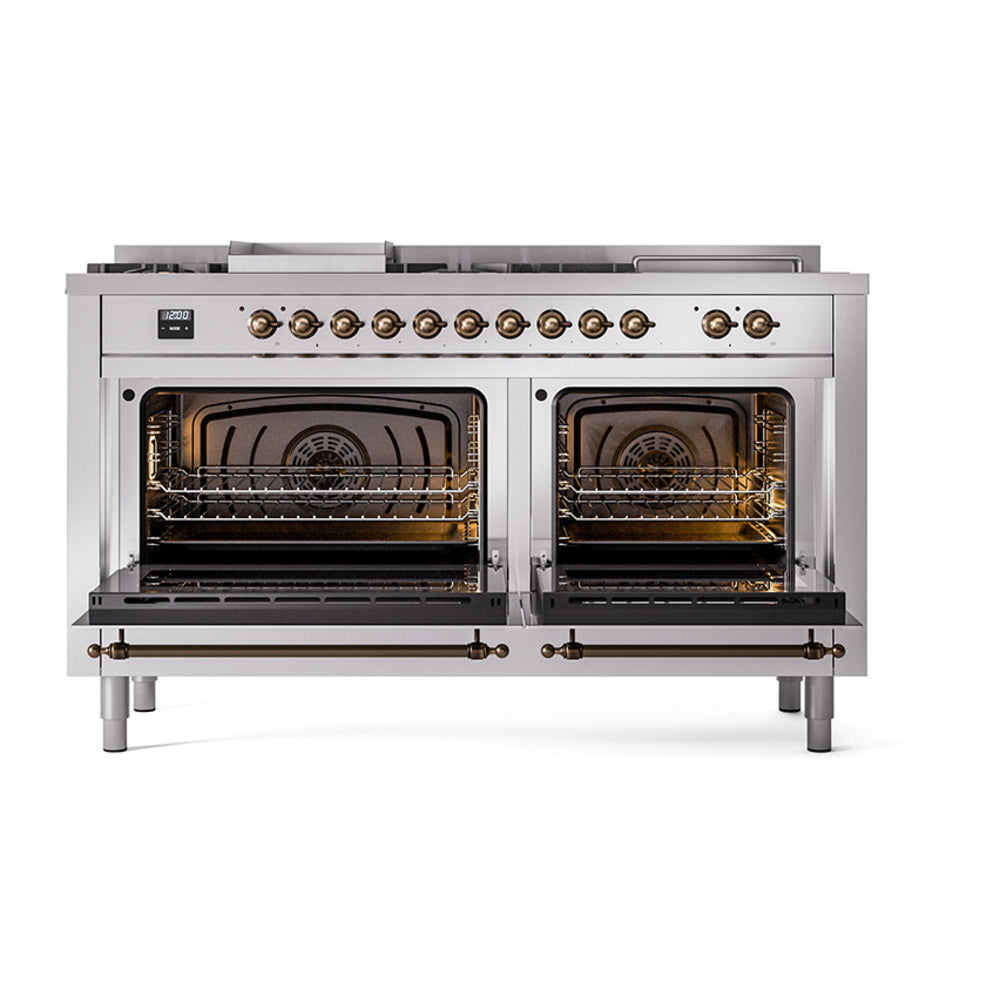 Stainless dual-fuel range with two open solid-door ovens and visible racks inside