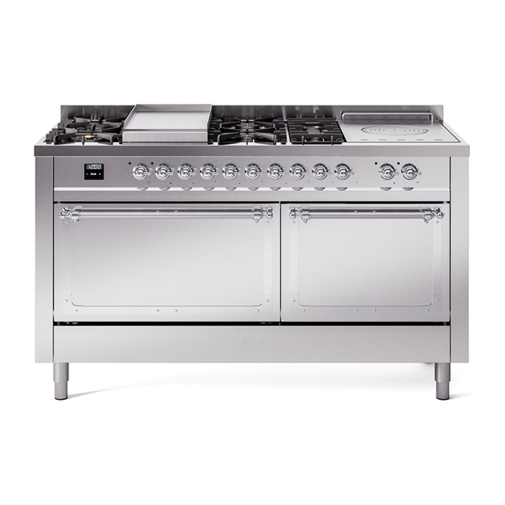 Stainless steel dual fuel range with chrome-trim knobs and two front oven doors