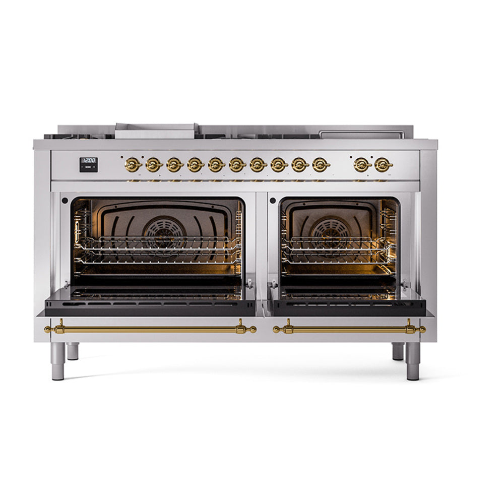 Stainless steel dual-fuel range with both oven doors open, showing two oven interiors