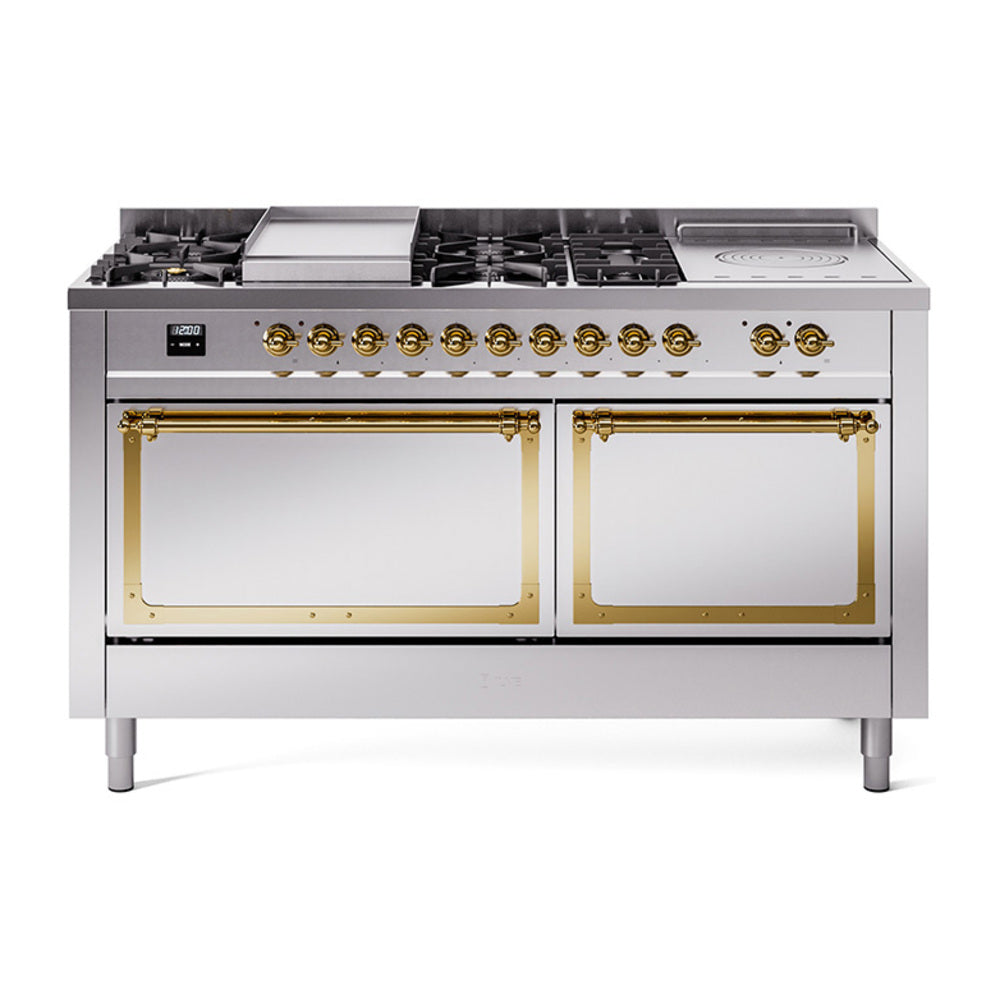 Stainless steel dual-fuel range with brass trim, seven burners, and two oven doors