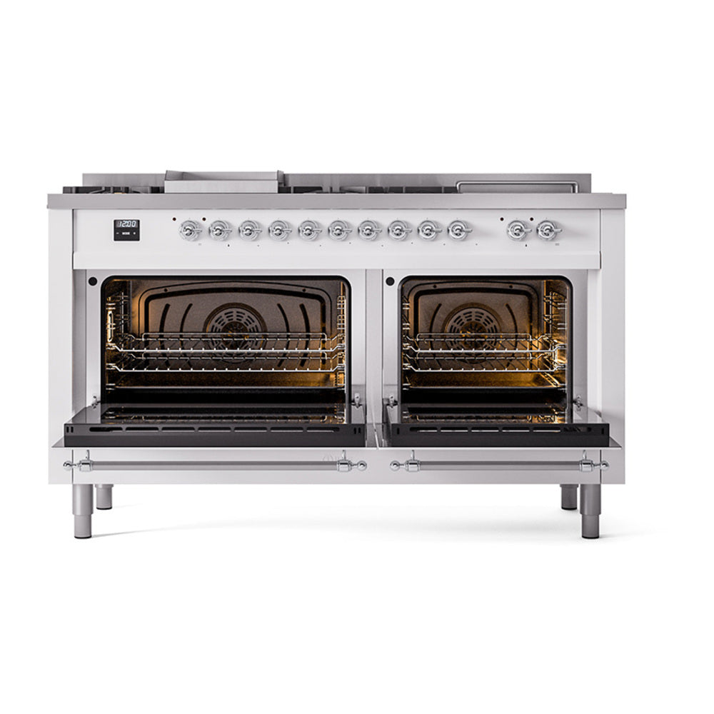 White dual fuel range with both oven doors open, showing racks and burner grates.