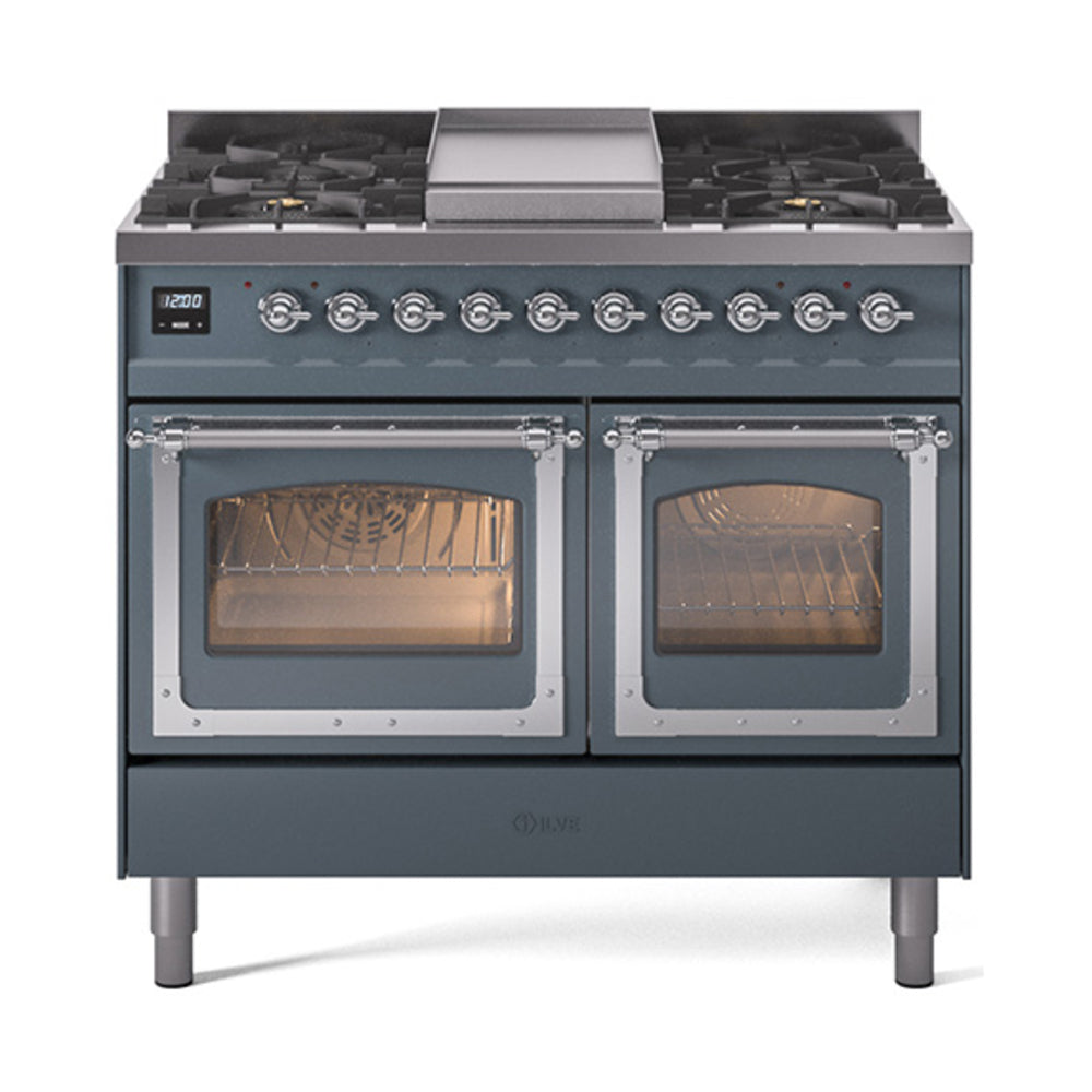 Blue grey dual fuel range with chrome trim, two oven doors, and knob controls above