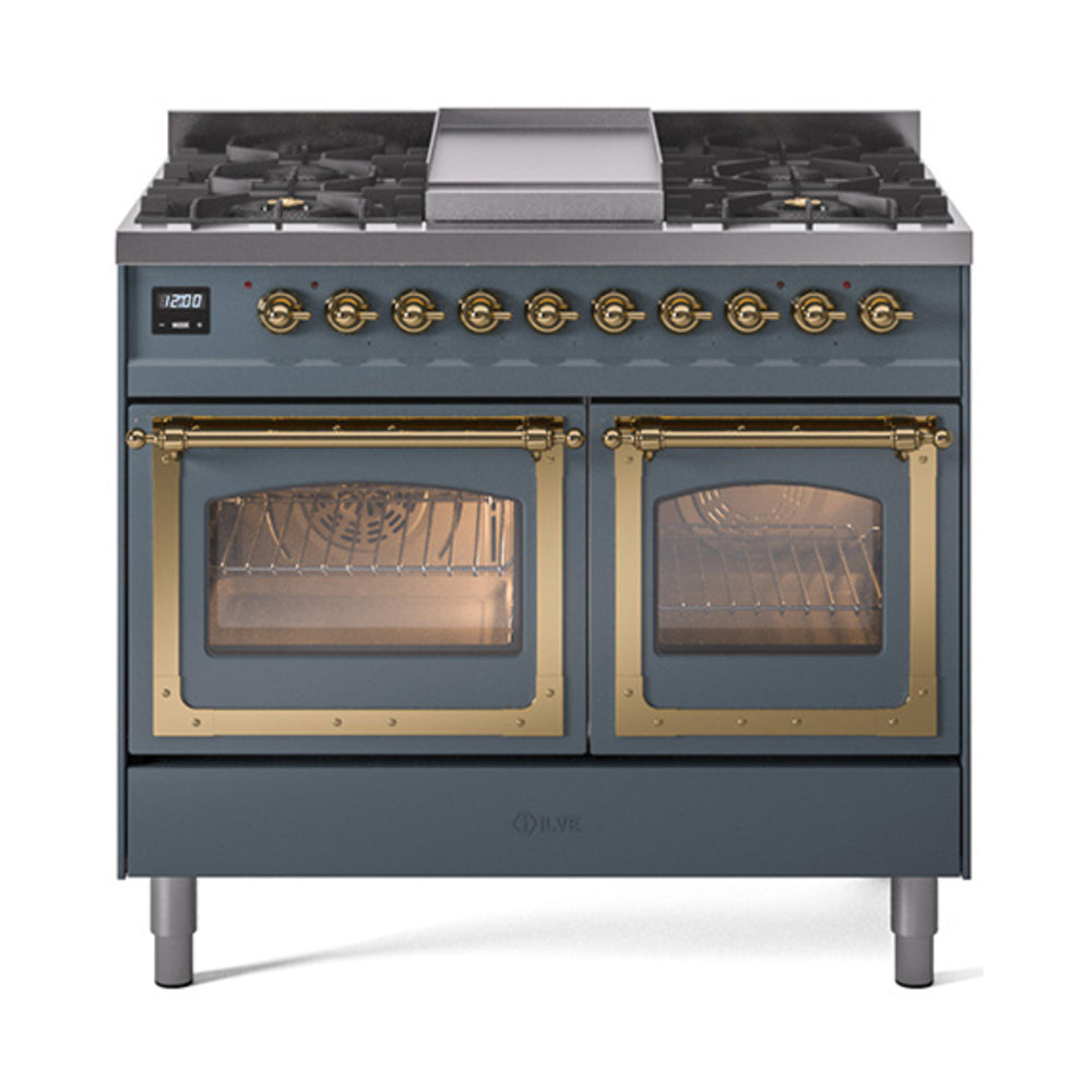 Blue grey dual fuel range with both ovens open, brass-trimmed doors with lit interiors