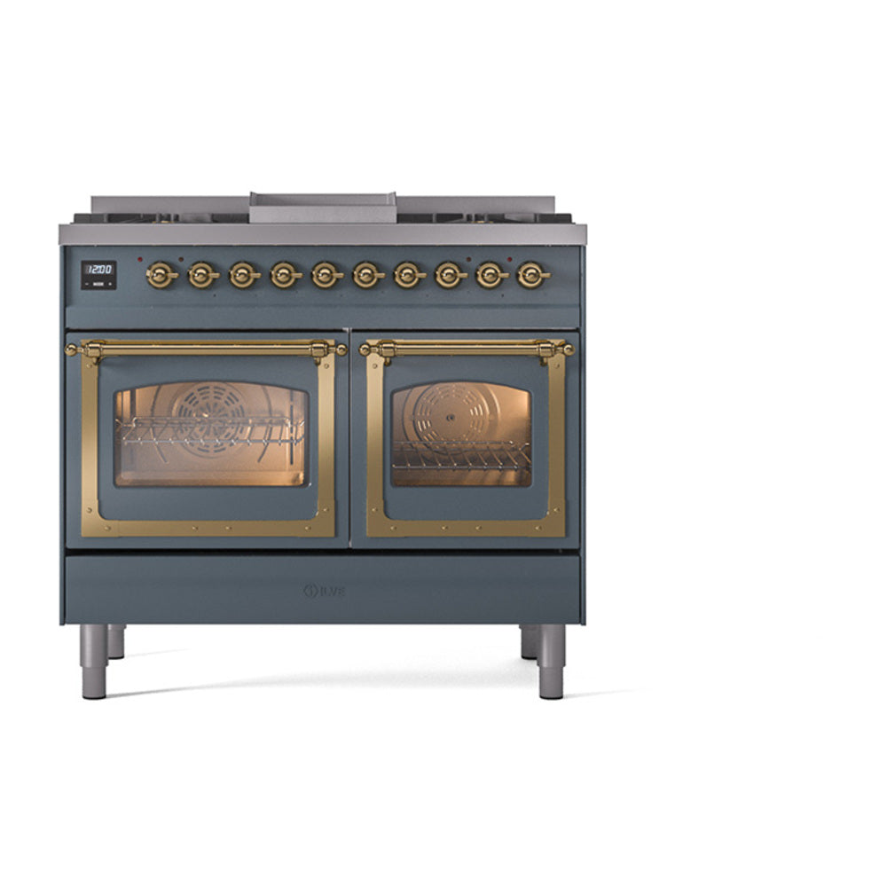 ILVE blue grey dual fuel range with brass-trimmed dual ovens and two glass oven doors