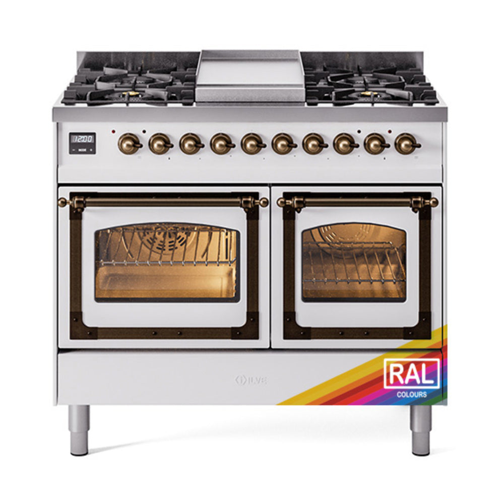 Gas dual-fuel range with bronze-trimmed triple glass oven doors, front view