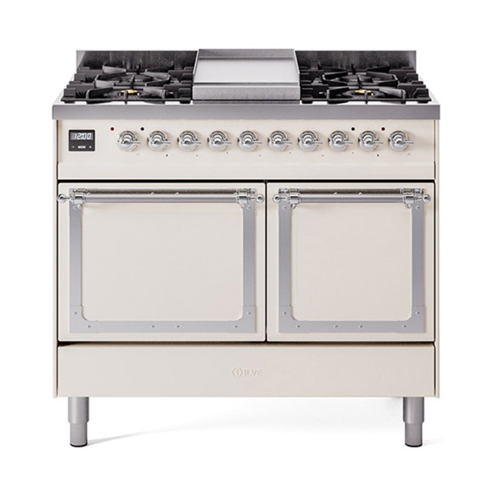 Antique white gas dual fuel range with chrome-trimmed double oven doors and knobs