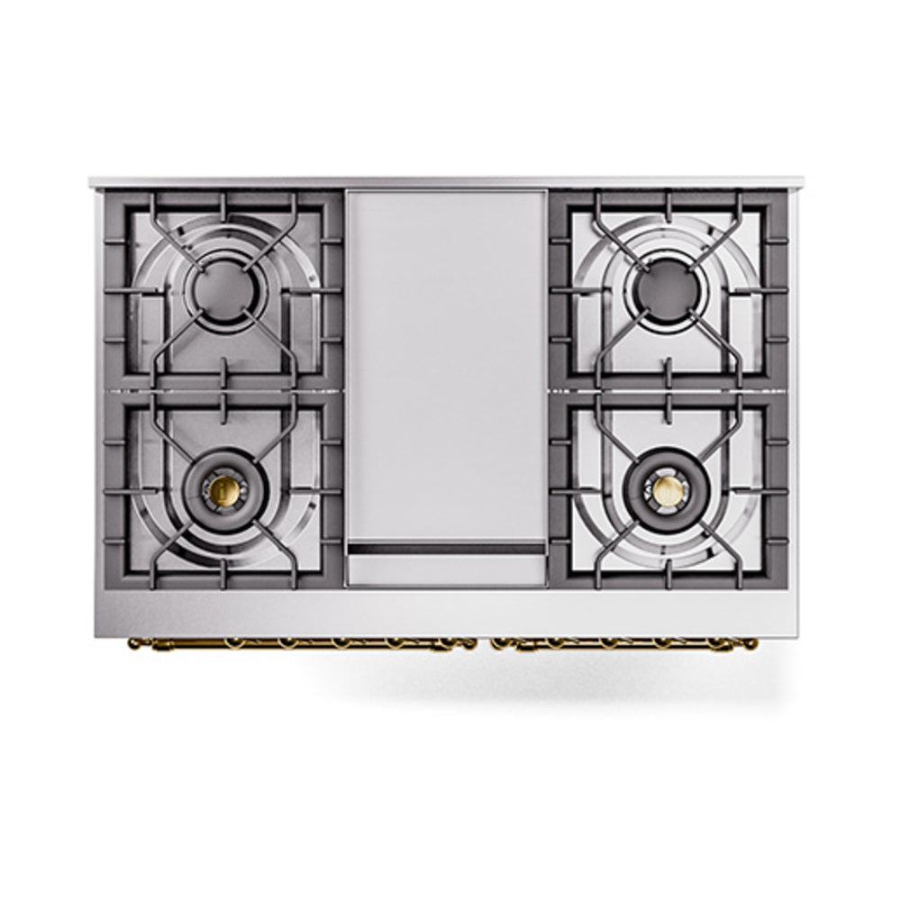 ILVE dual fuel range cooktop with four burners and central griddle, brass trim