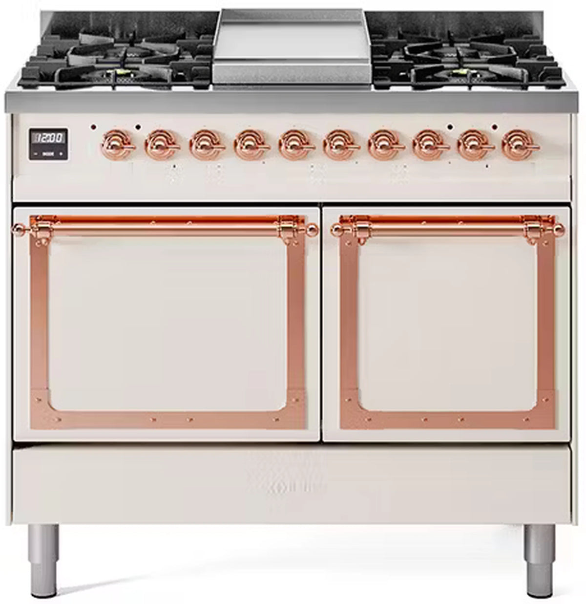 Antique white gas dual-fuel range with copper trim, two solid oven doors