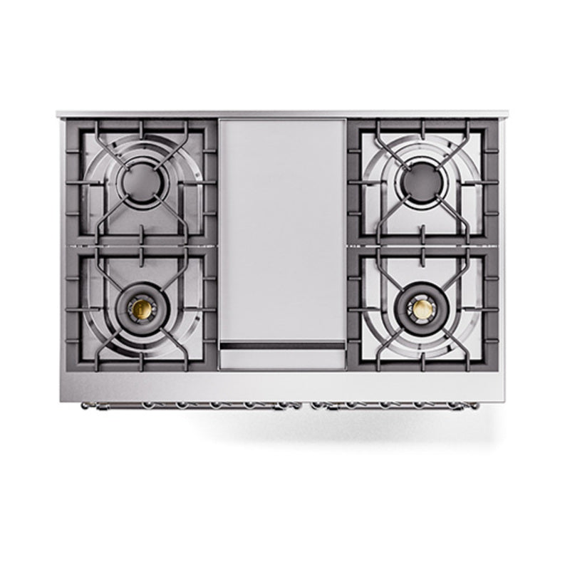 Blue grey dual fuel range cooktop with four burner grates and center back panel