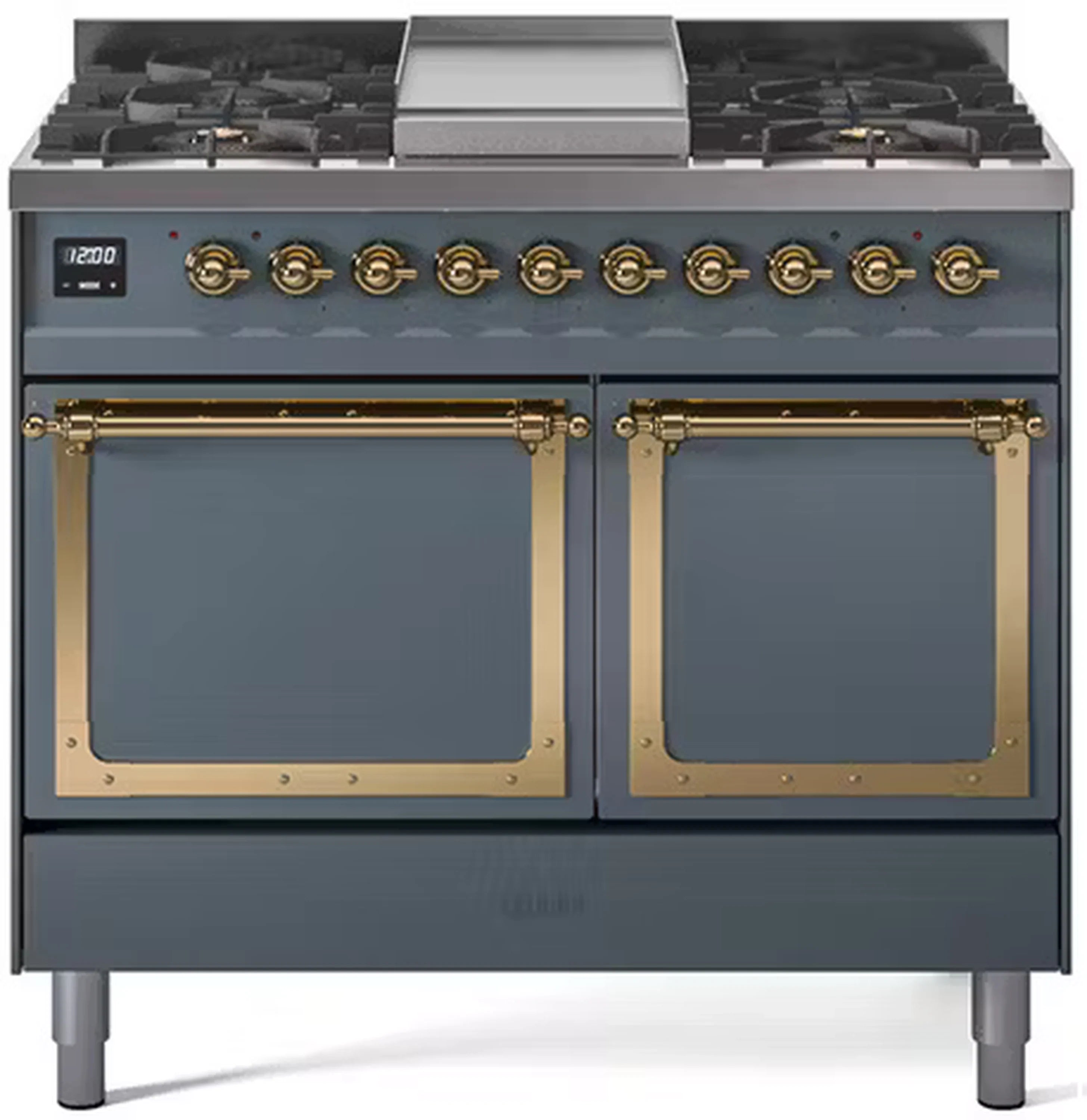 Blue grey gas range with brass-trimmed oven doors and control knobs