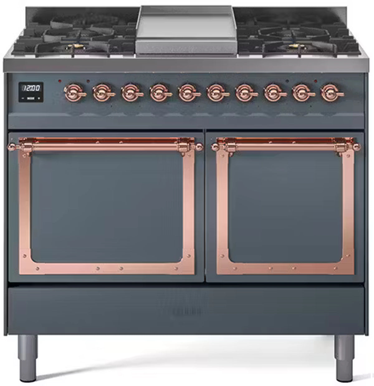 Blue-grey propane gas dual-fuel range with copper-trimmed solid oven doors