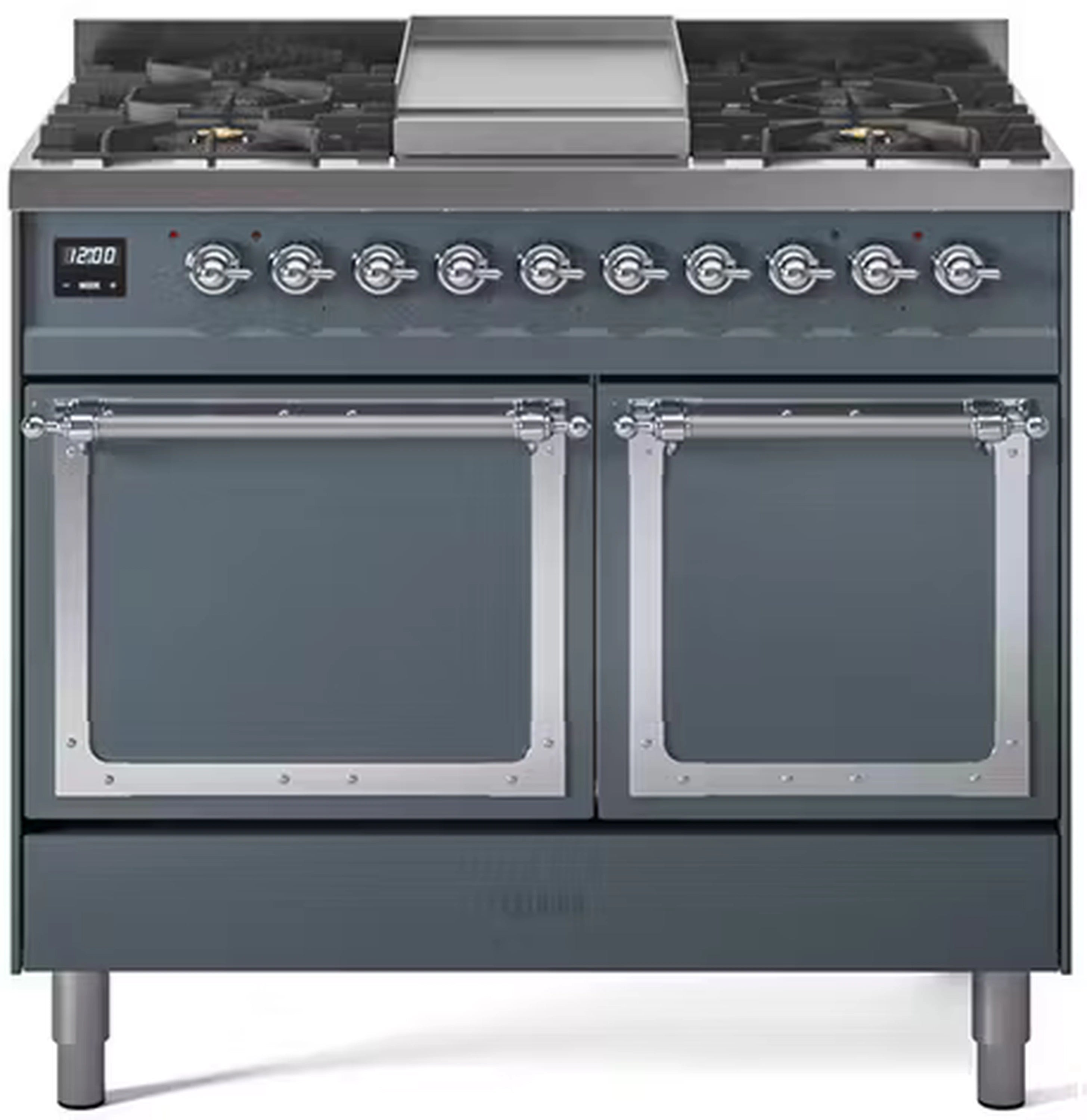 Blue grey dual fuel gas range with dual solid oven doors and chrome trim, front view
