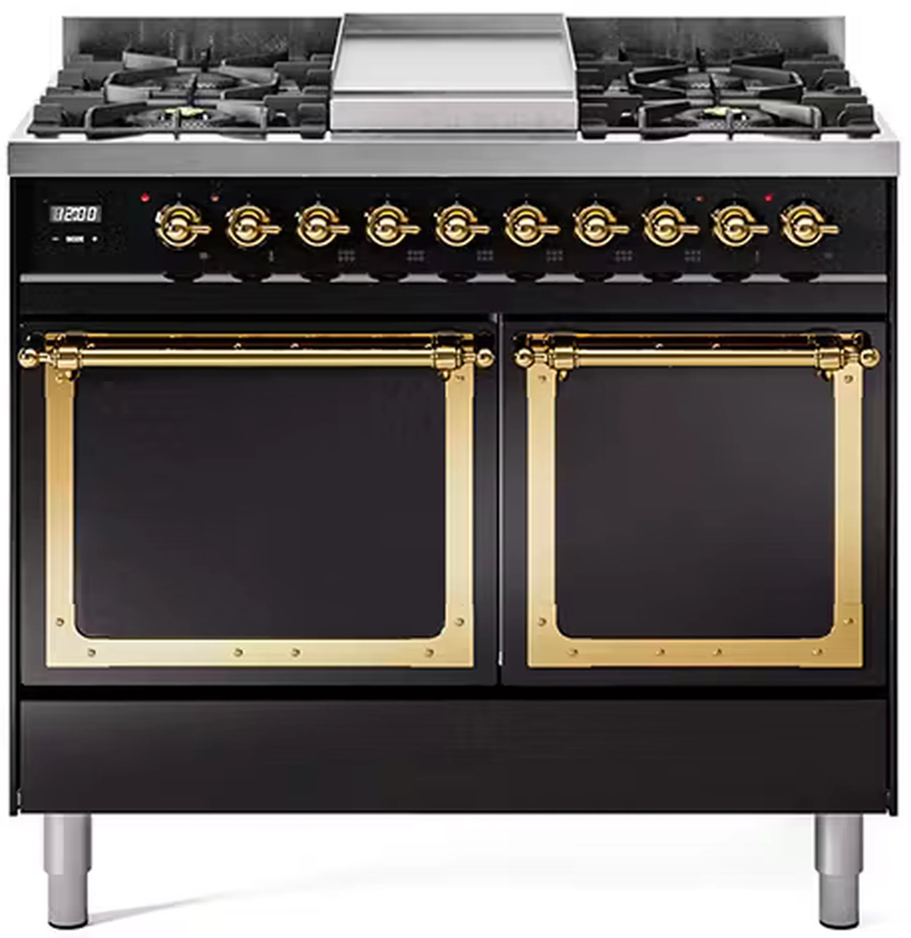 Glossy black dual-fuel range with brass-trim ovens and 4-burner cooktop, knob controls