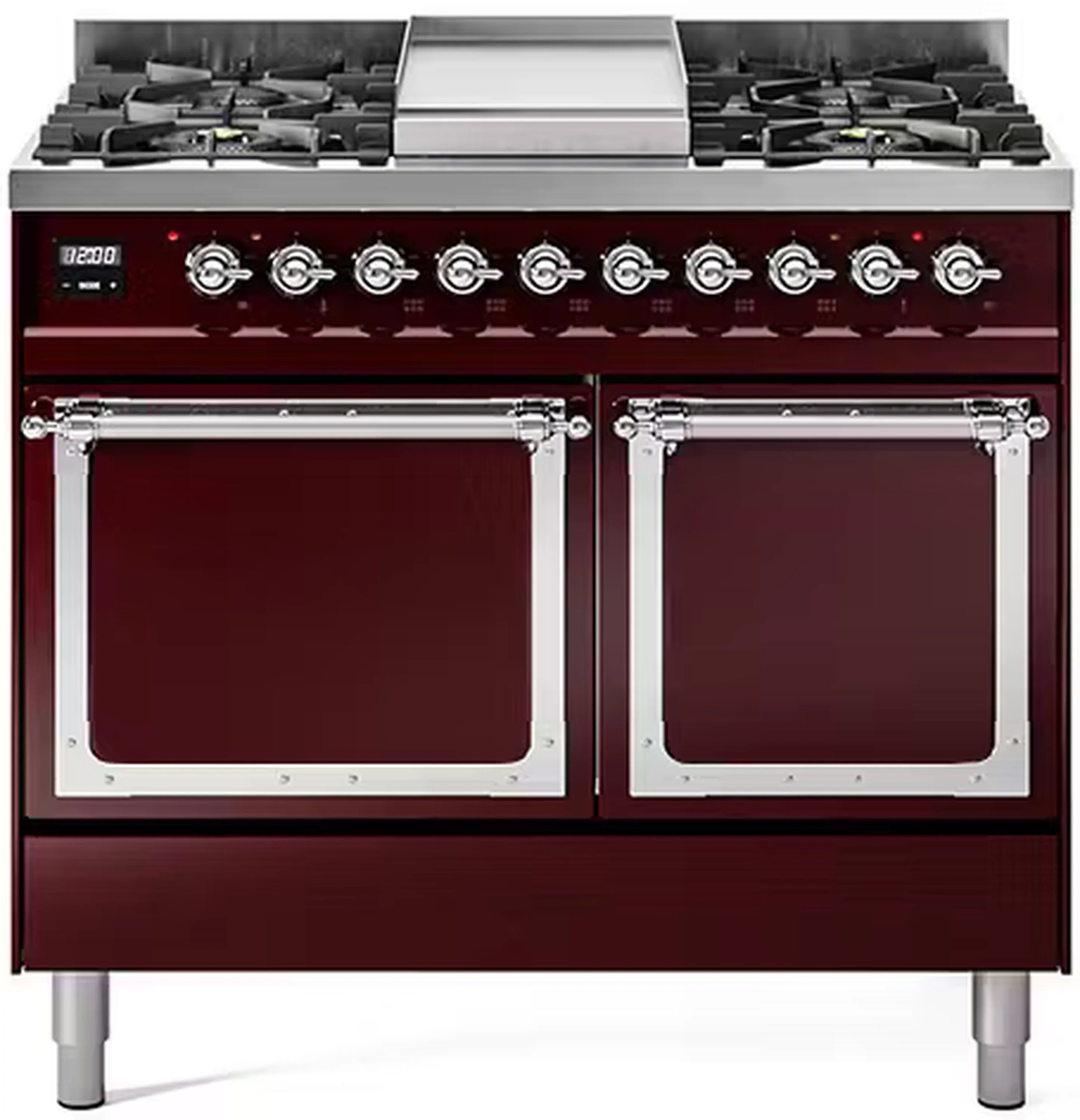 ILVE burgundy dual fuel range with chrome trim, two solid oven doors and burner knobs