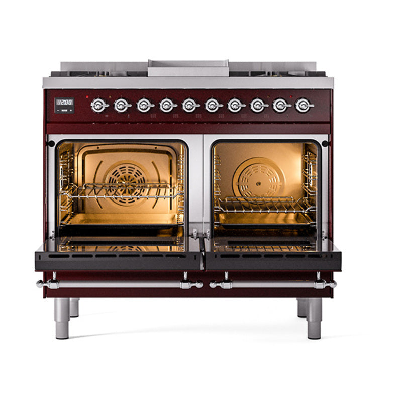 ILVE burgundy dual fuel range with open twin ovens, racks and convection fan