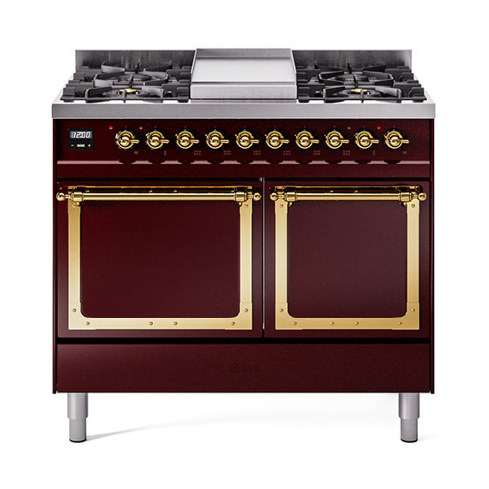Burgundy gas range with brass-trimmed double oven doors and four cooktop burners