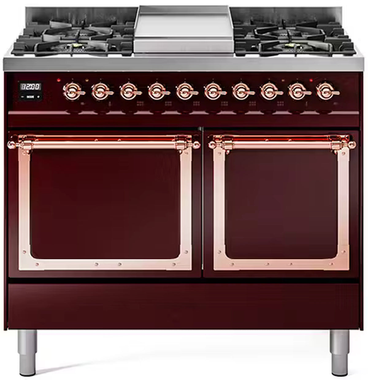 Burgundy dual fuel gas range with solid door oven, copper-trim handles