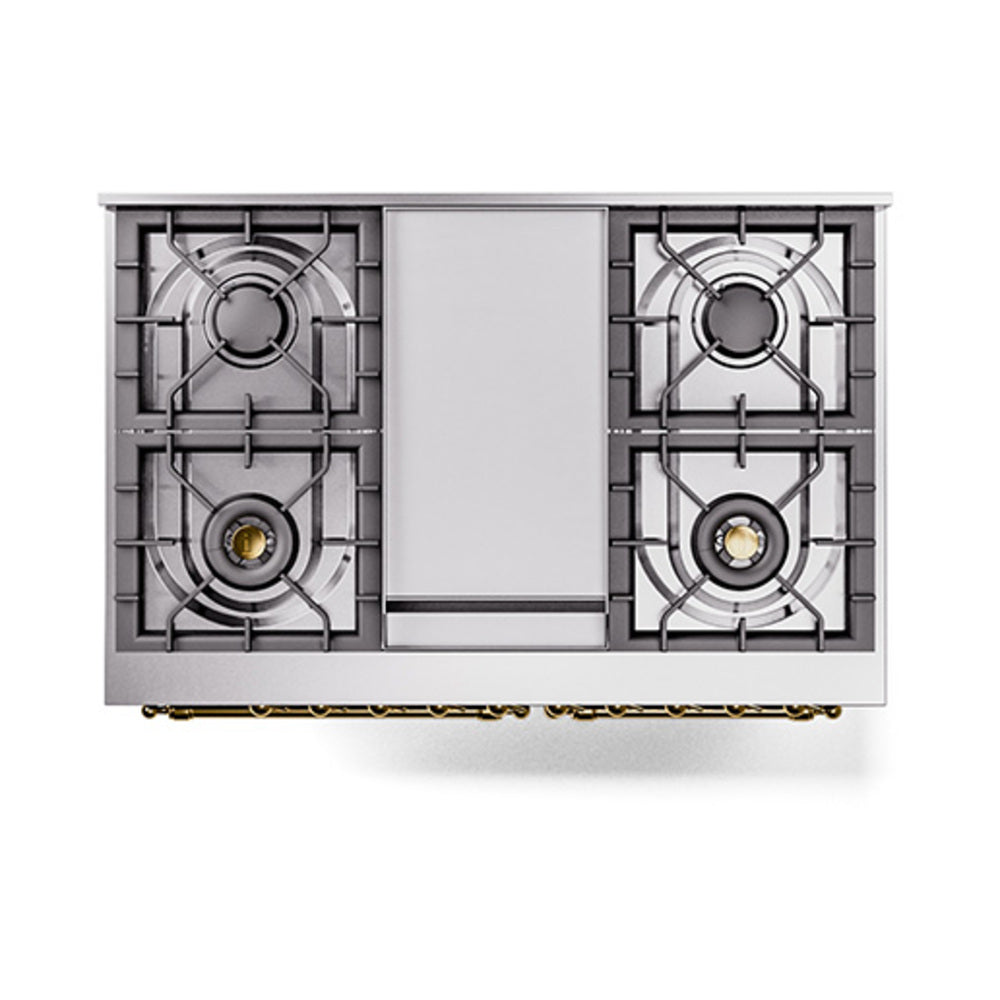 Dual-fuel gas range cooktop with four burners and centered control panel, stainless frame