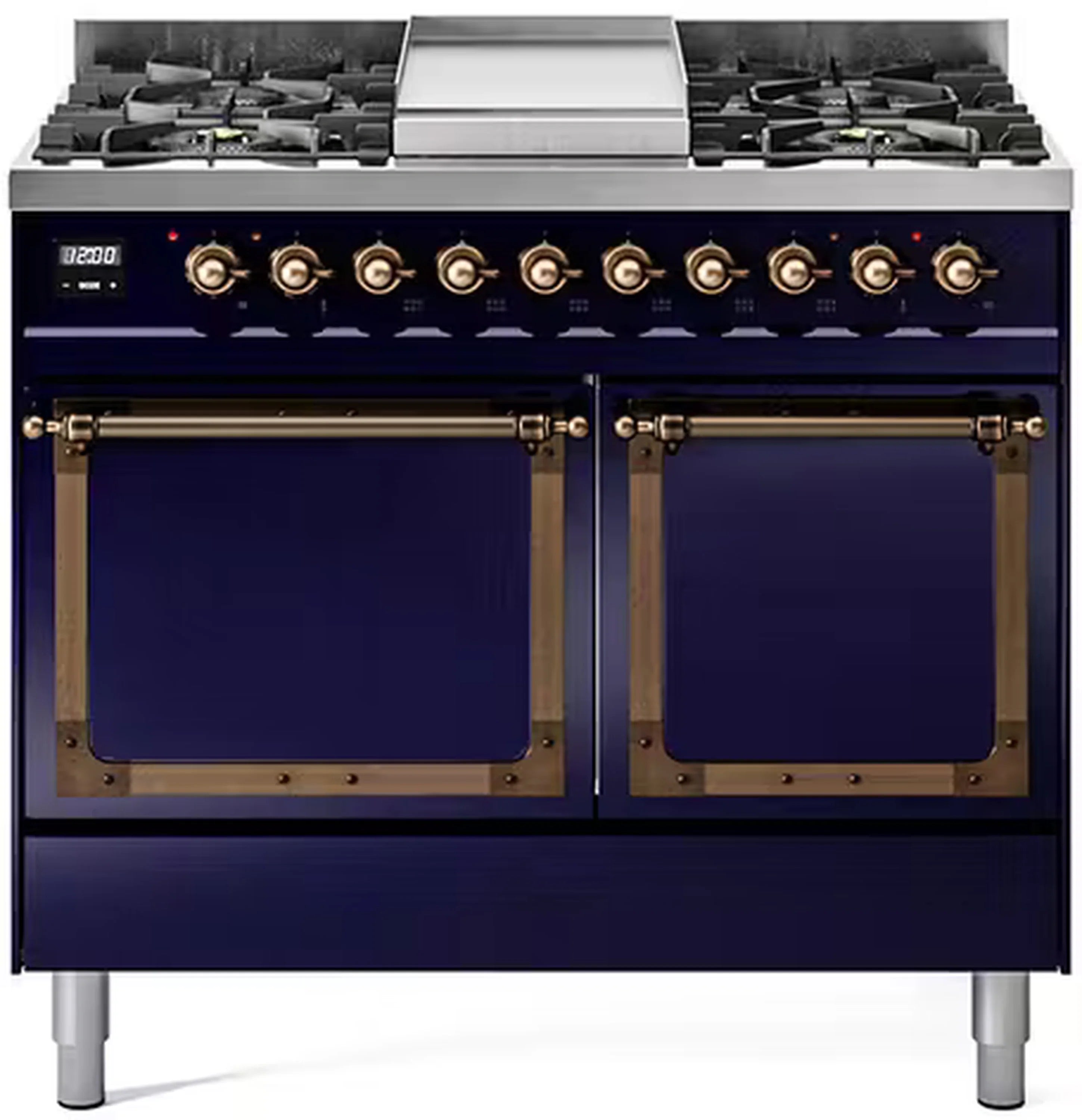 Midnight blue gas dual-fuel range with solid door ovens and bronze trim