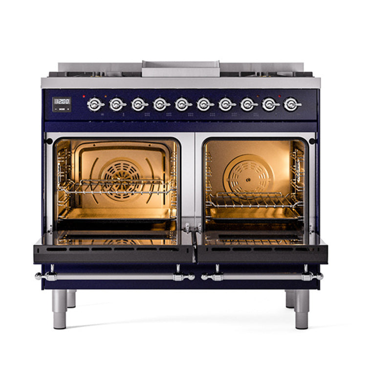 ILVE dual fuel range with open double ovens showing racks and interior burner grates