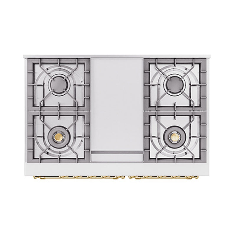 Dual-fuel range cooktop with four burners and brass control knobs