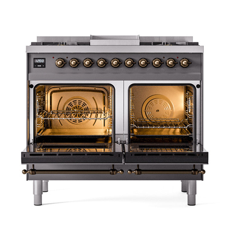 Dual-fuel range with open dual ovens, bronze accents, oven racks and interior burners