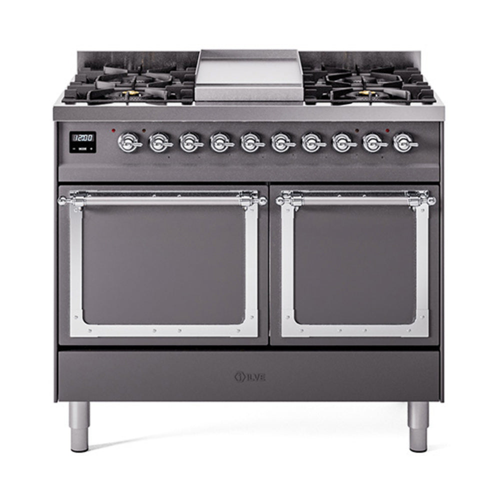 ILVE dual fuel range in matte graphite with chrome-trimmed solid doors, gas burners