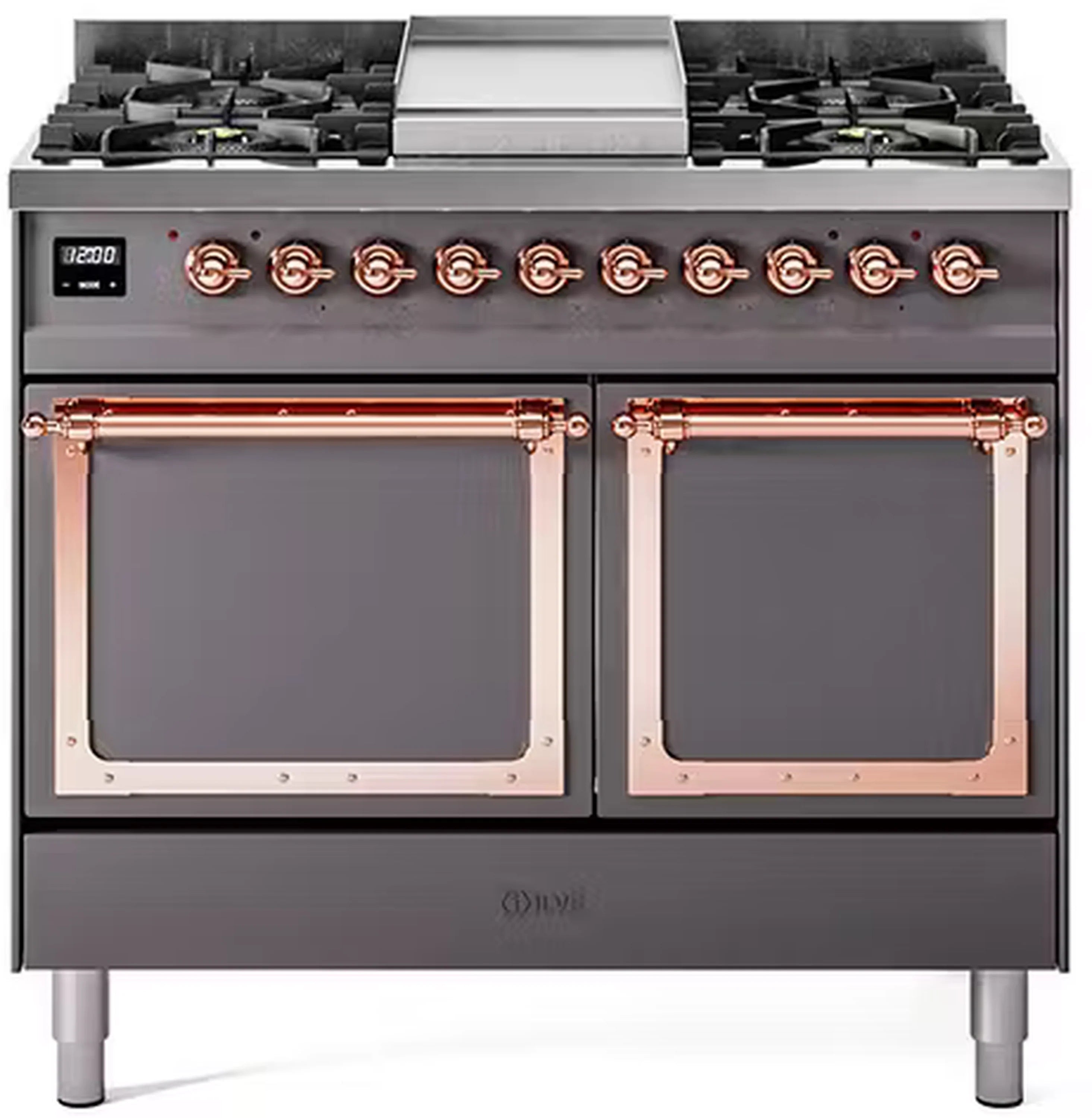 ILVE dual-fuel range with matte graphite finish, copper trim, and two solid oven doors