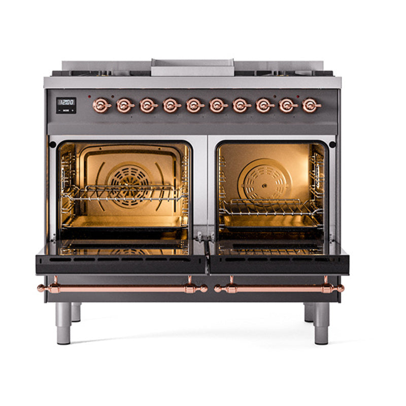 ILVE dual-fuel range with two open ovens, copper-trimmed doors, and front burner controls