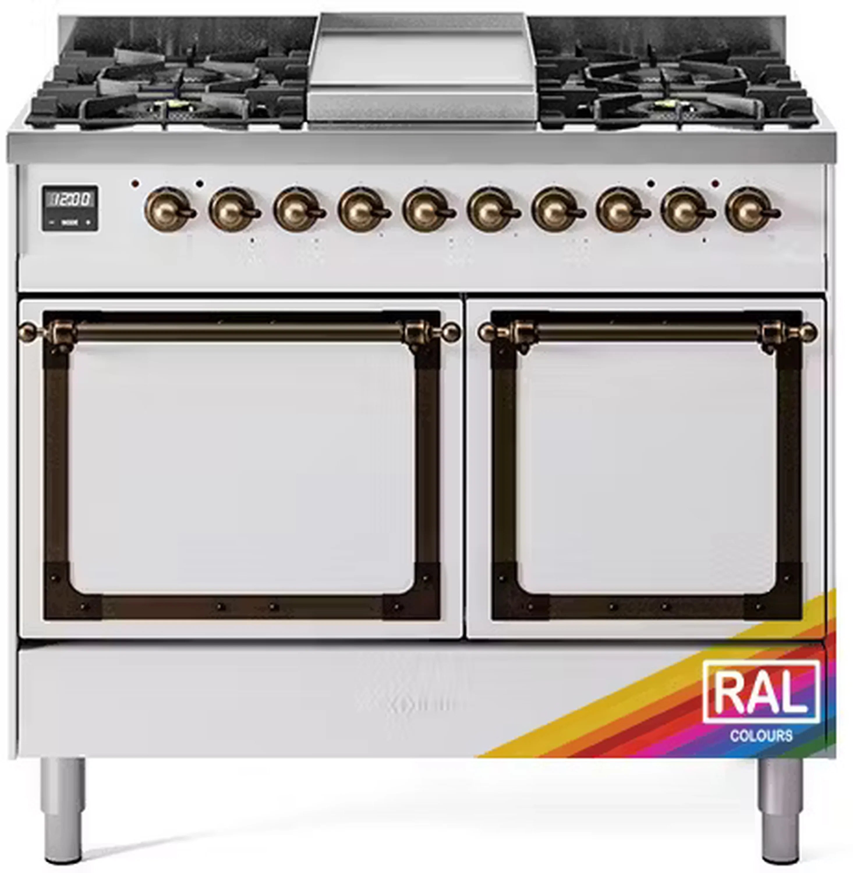 ILVE 40-inch dual fuel range with solid door ovens, bronze-trimmed control panel