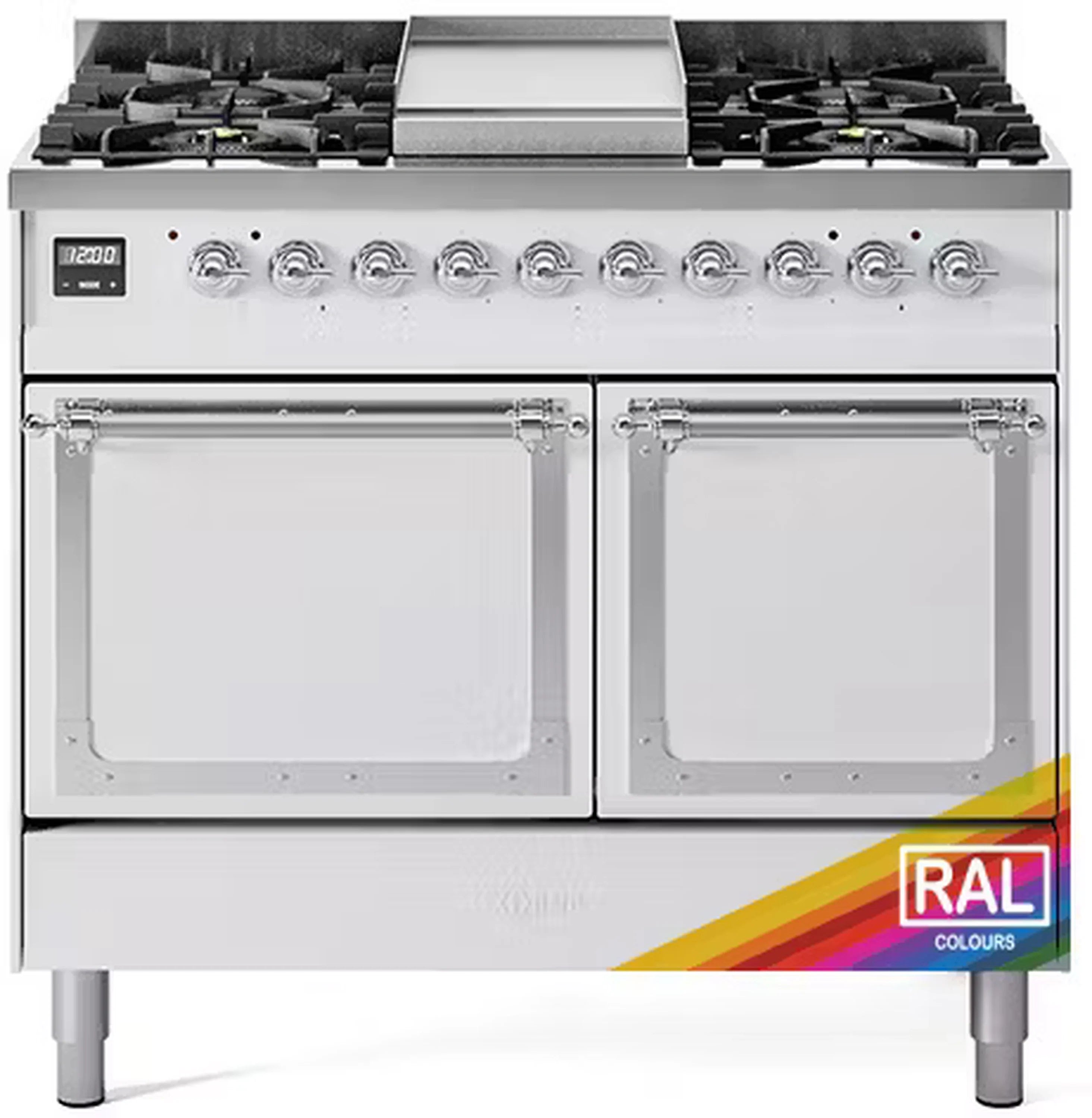 Dual fuel range with two solid oven doors, chrome trim, and control knobs on front panel