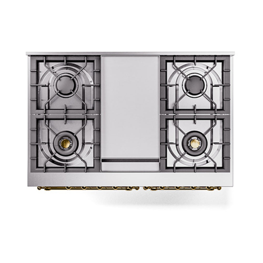 Dual-fuel gas range with four burners and central griddle panel, brass trim