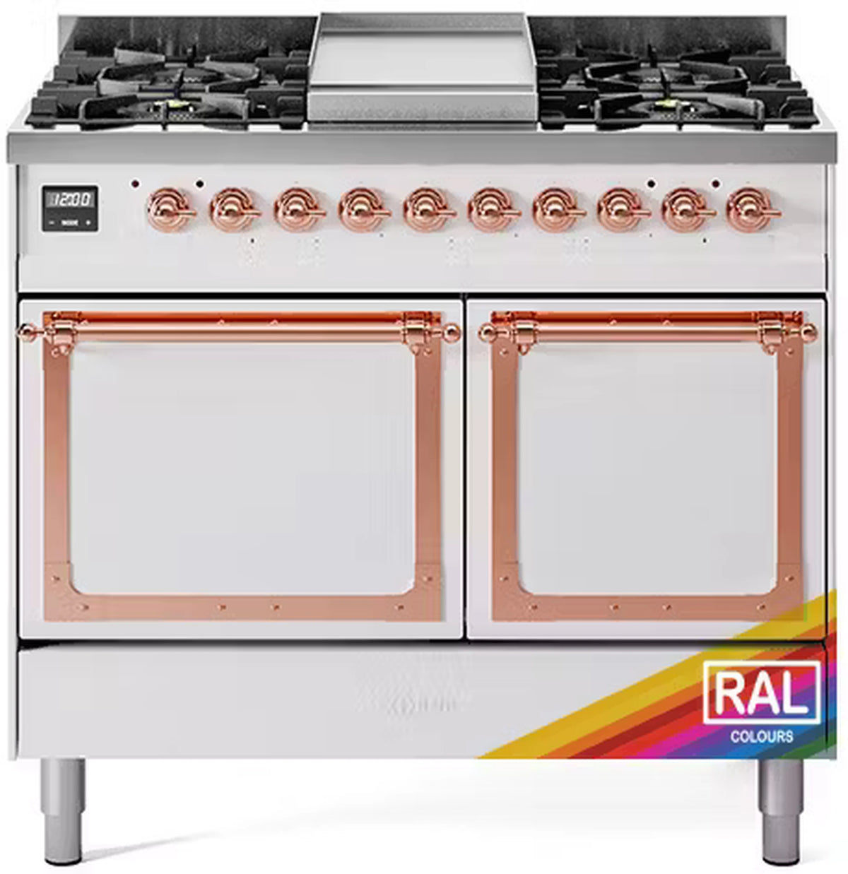 Nostalgic gas range with two oven doors, copper trim, and front control panel