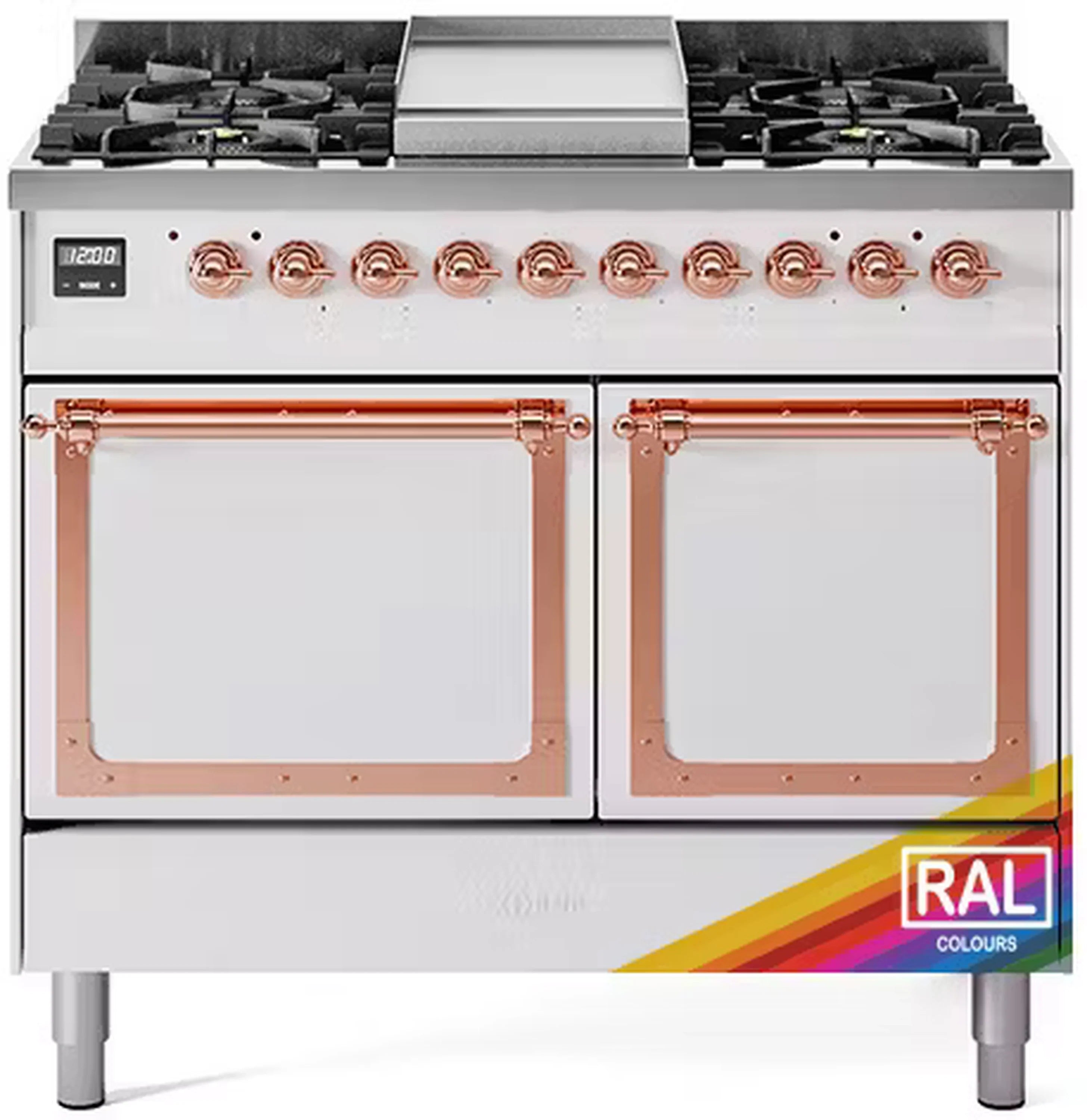 Freestanding gas dual-fuel range with two oven doors, copper trim, and control knobs