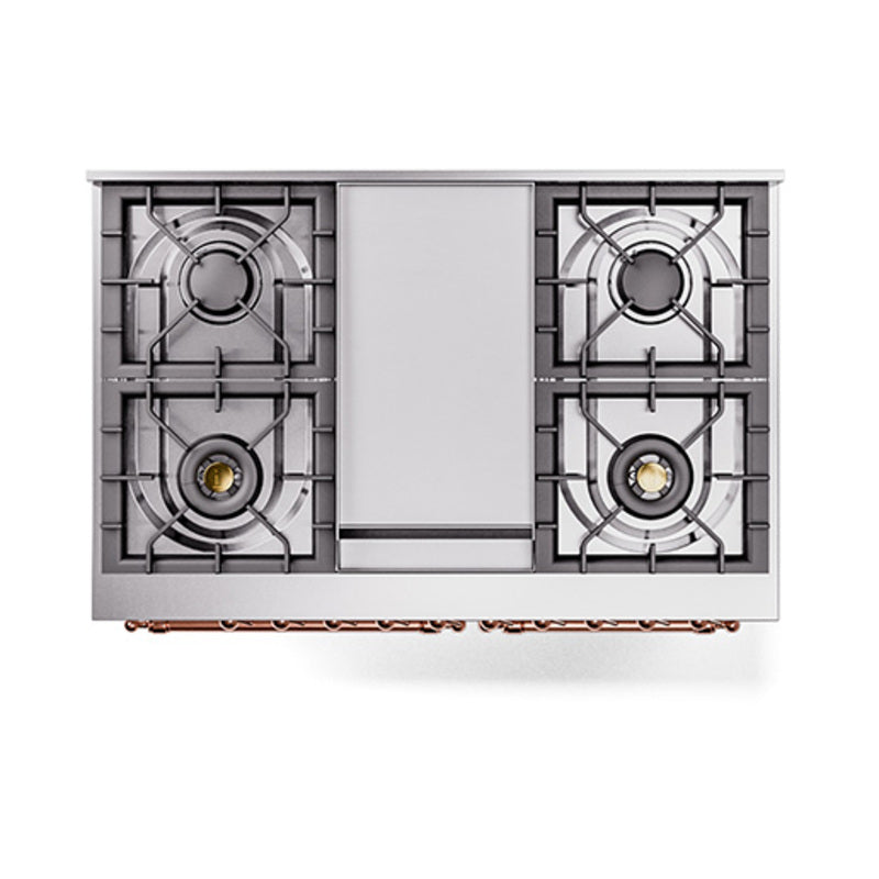 Dual-fuel gas range cooktop with four burner grates and central cover panel