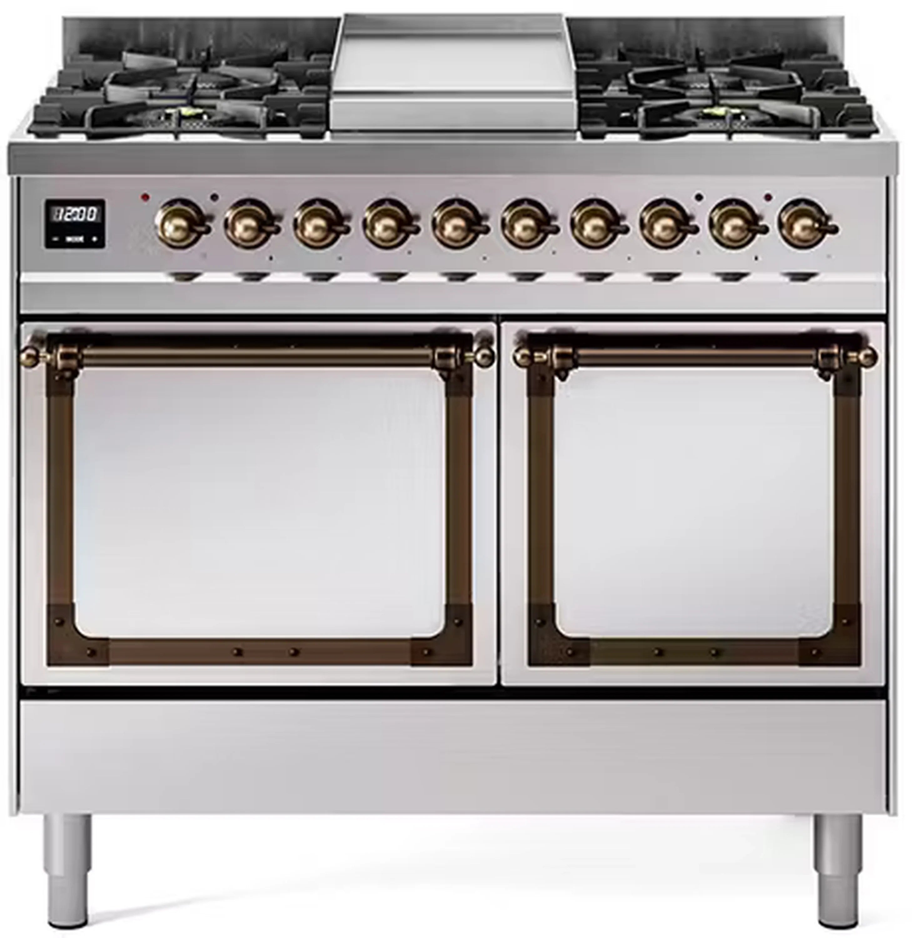Stainless steel dual fuel range with solid door ovens and bronze trim.