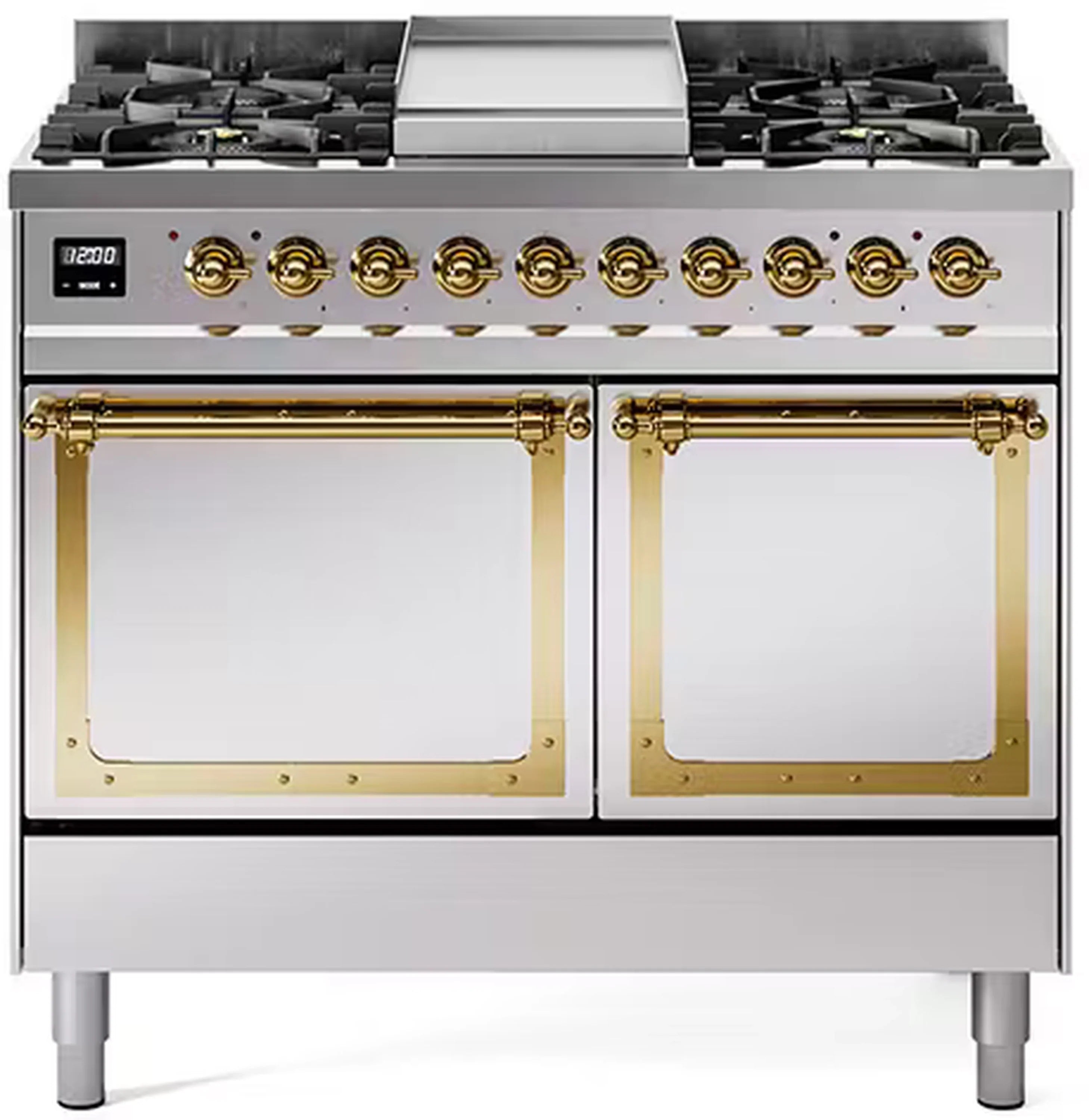 Stainless steel gas range with brass-trim oven doors and gold control knobs