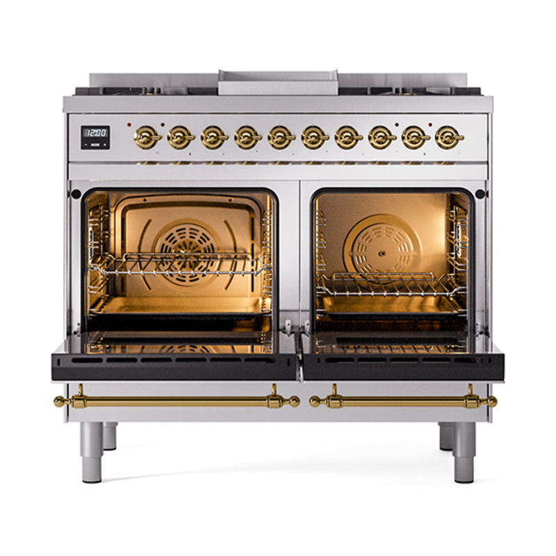 Stainless steel range with open dual ovens and brass door handles