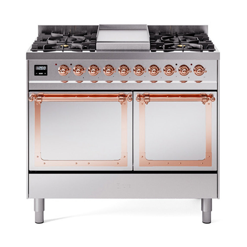 ILVE stainless dual fuel range with solid door ovens and copper-trim control panel