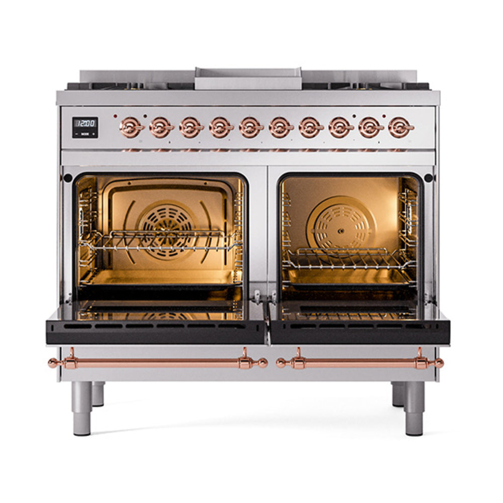 Stainless steel dual-fuel gas range with two open solid-doors ovens and copper trim