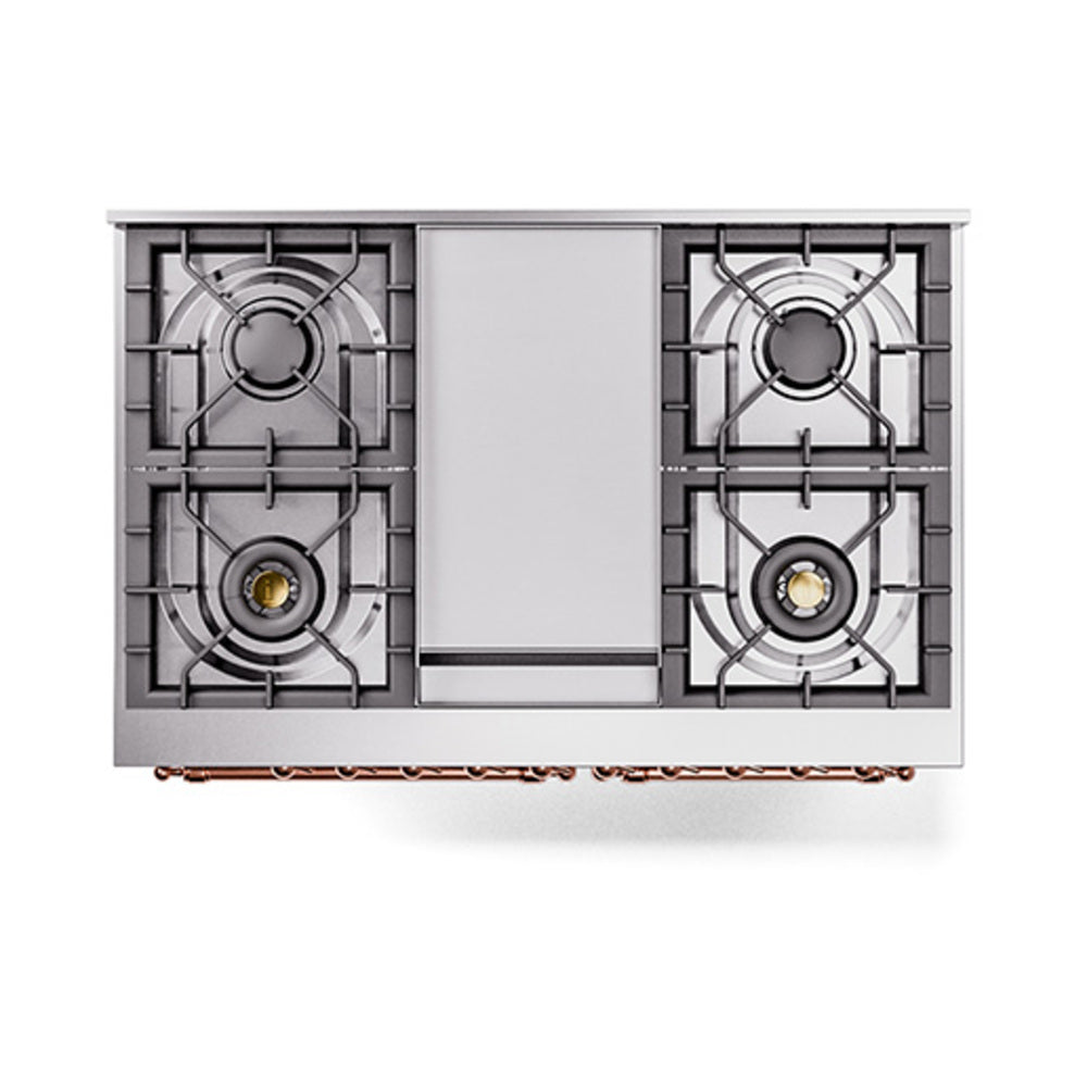 Stainless steel dual-fuel range cooktop with four burners and central oven access panel