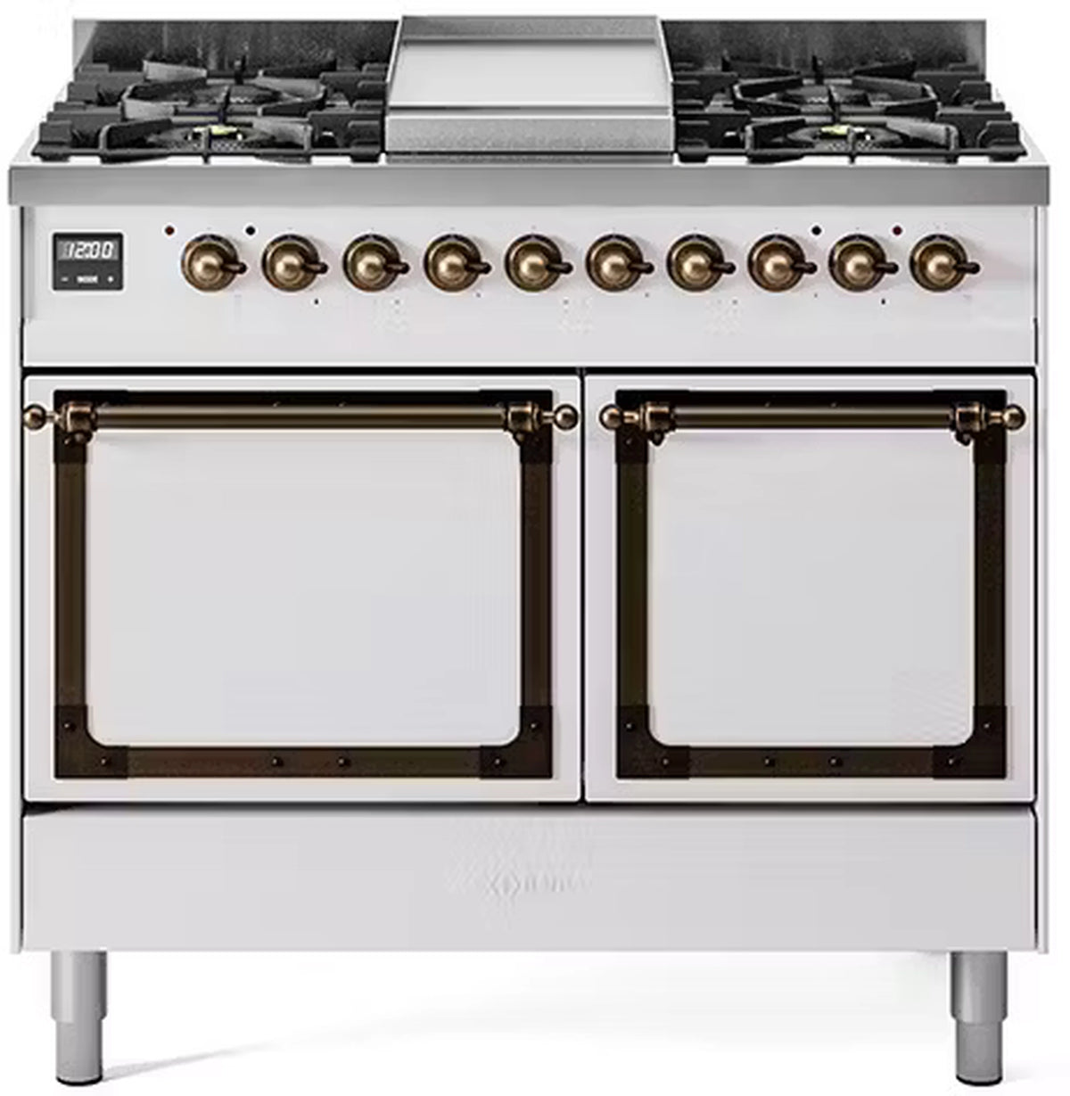 ILVE white dual fuel gas range with two oven doors and bronze-trimmed handles