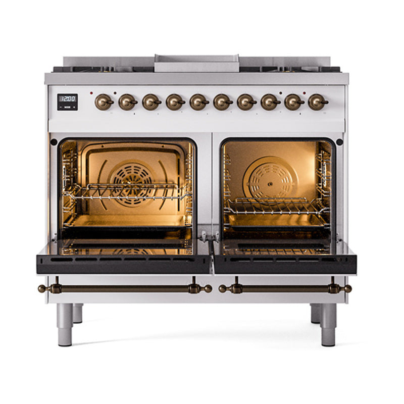 White dual-fuel range with two open ovens, interior light and wire racks visible