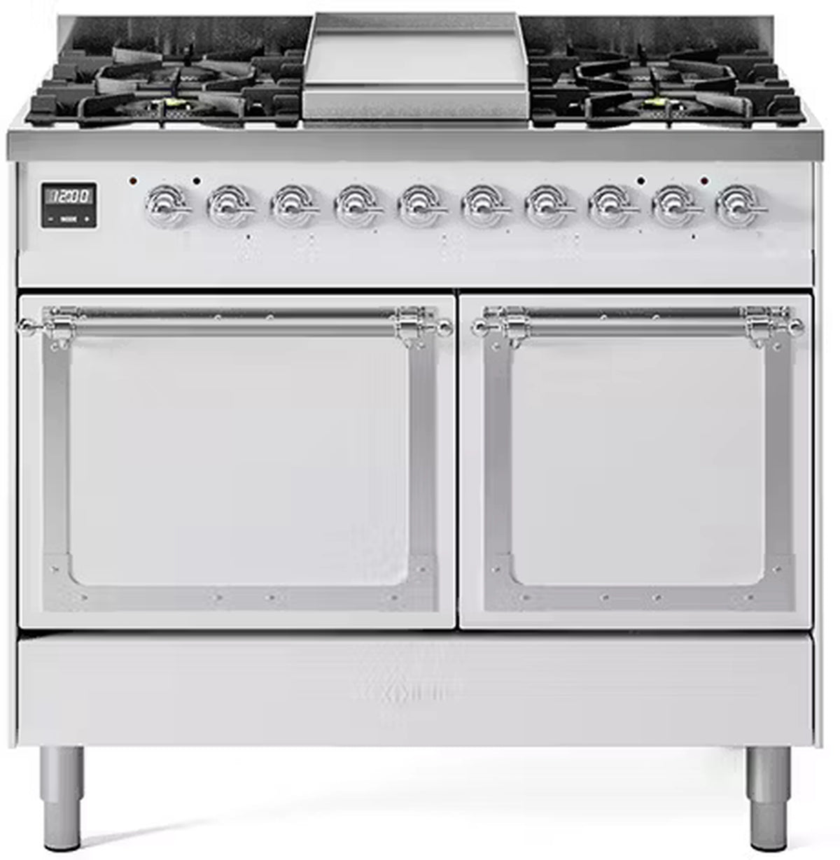 White dual-fuel gas range with four burners and two solid oven doors, chrome trim