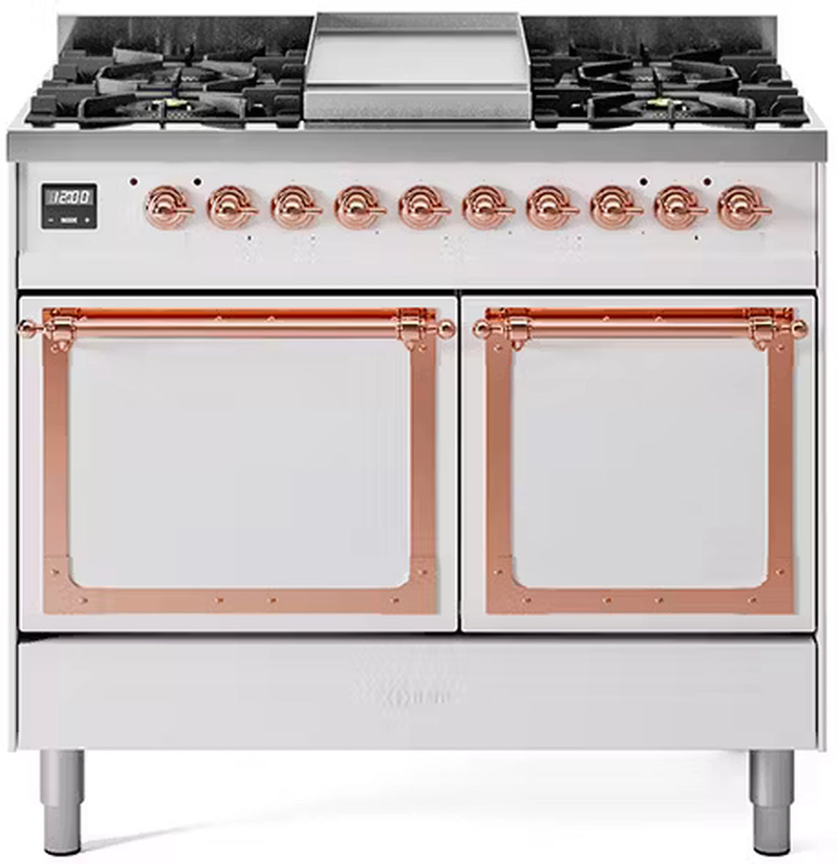 White propane gas dual-fuel range with copper-trimmed oven doors and front controls