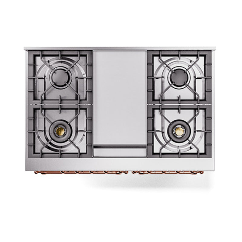 White dual-fuel range cooktop with four gas burners and central control panel