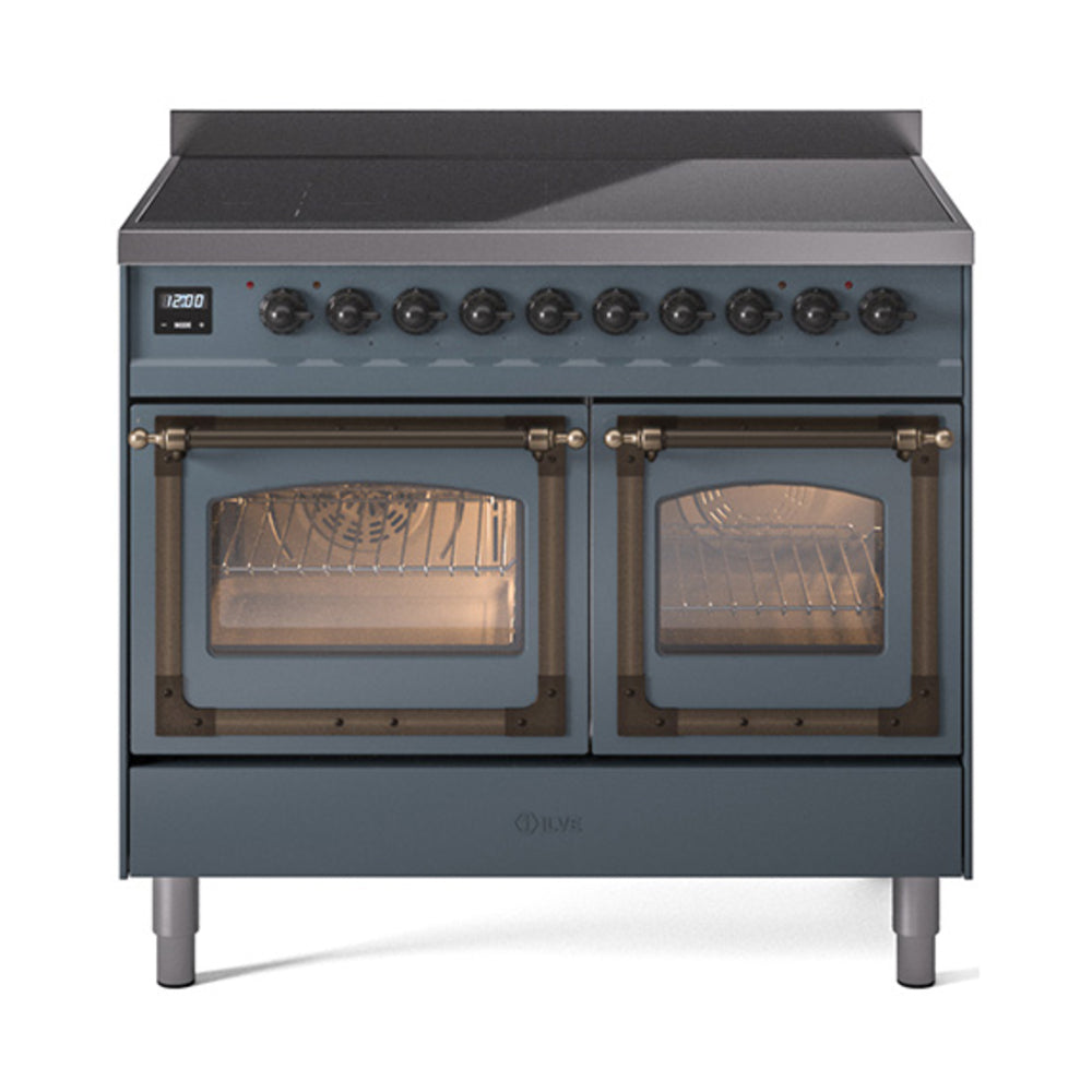 Blue grey induction range with bronze trim; double oven with glass doors and control knobs
